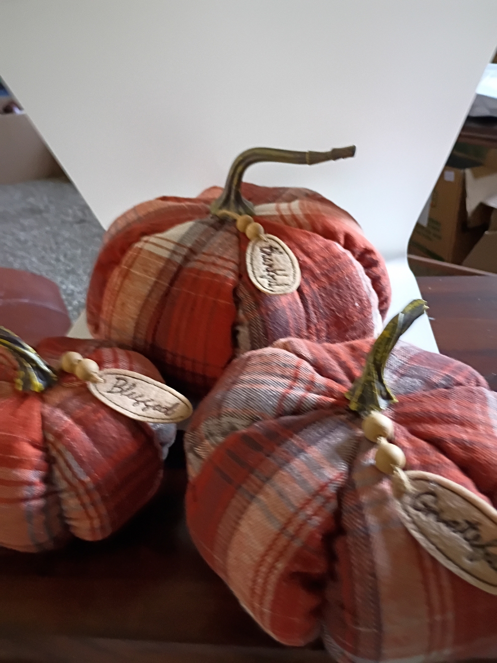 Plaid Fabric Decorative Pumpkins - Orange & Cream Set of 3